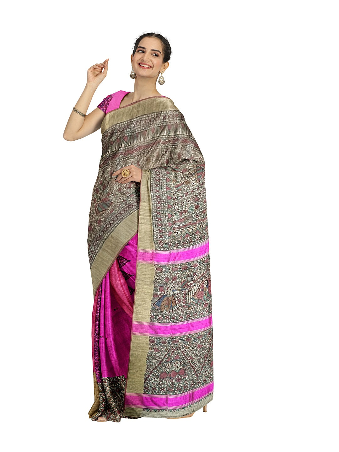 Hand-Woven Half-and-Half Madhubani Saree